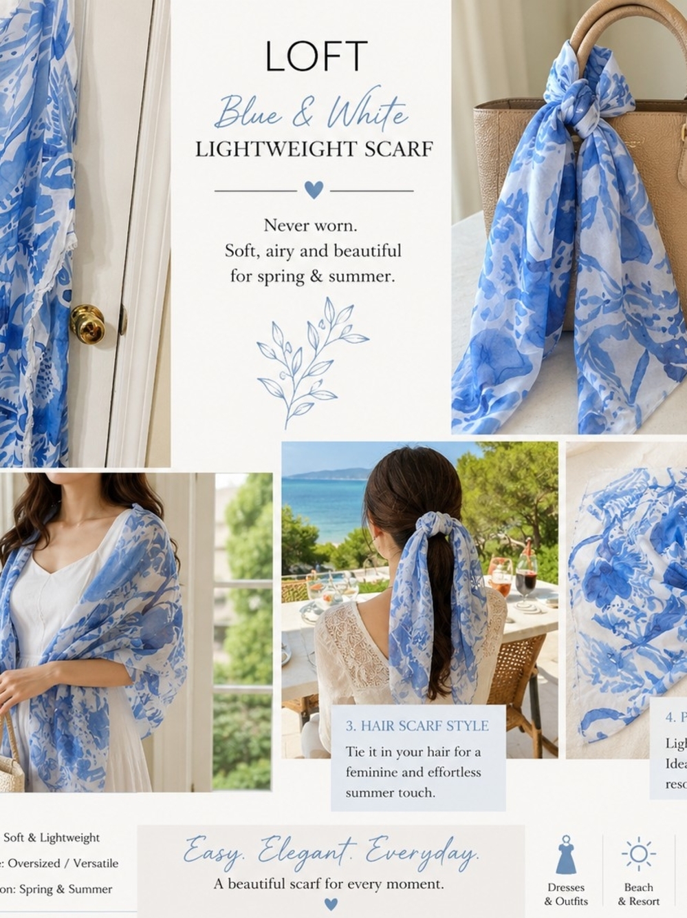 2for 25! Mothers Day! LOFT Blue & White Floral Lightweight Scarf